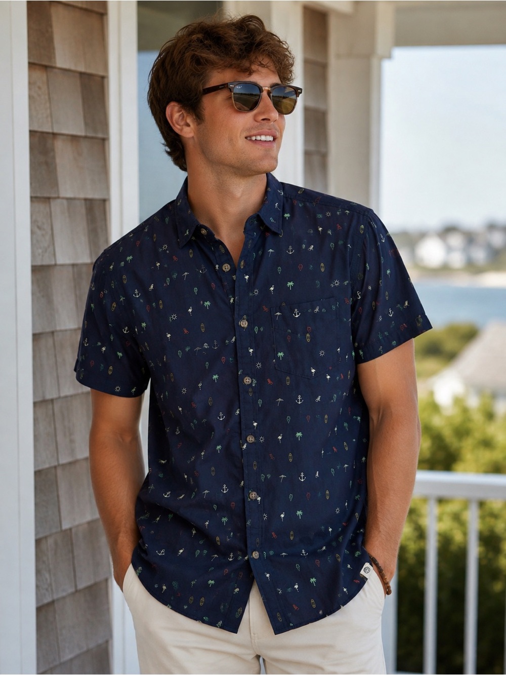 Free Planet Navy Short-Sleeve Button-Down with Multicolor Nautical Micro Print
